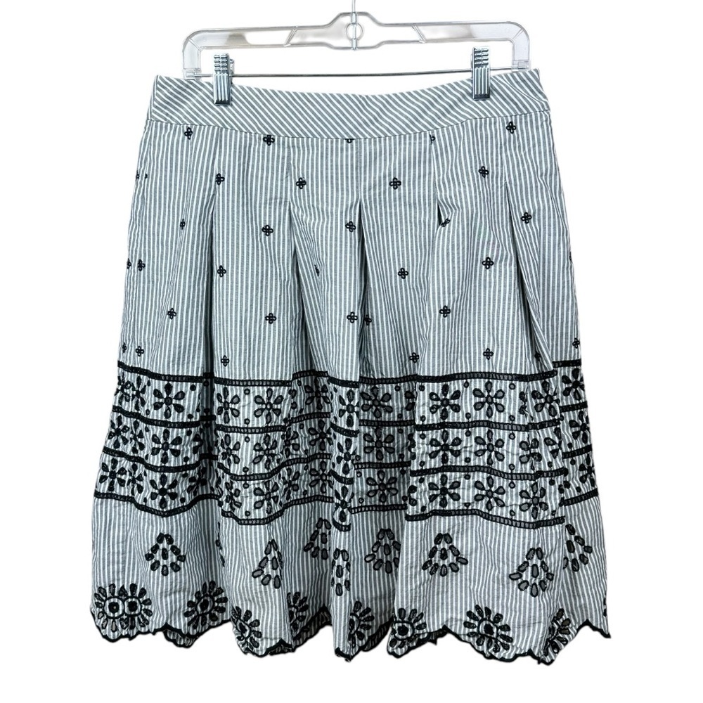 Talbots Eyelet Pleated Stripe Lined Scallop Hem Embroidered Skirt Cottagecore